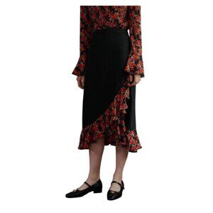 Simple Retro Y2K Floral‎ Midi Skirt Sz L Ruffle Fairy Coquette Asymmetrical Hem